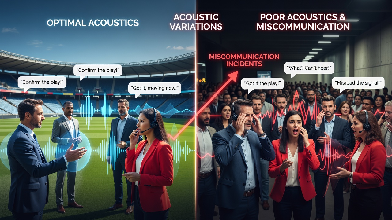 Stadium crowd noise levels during peak game moments with players signaling to each other on the field