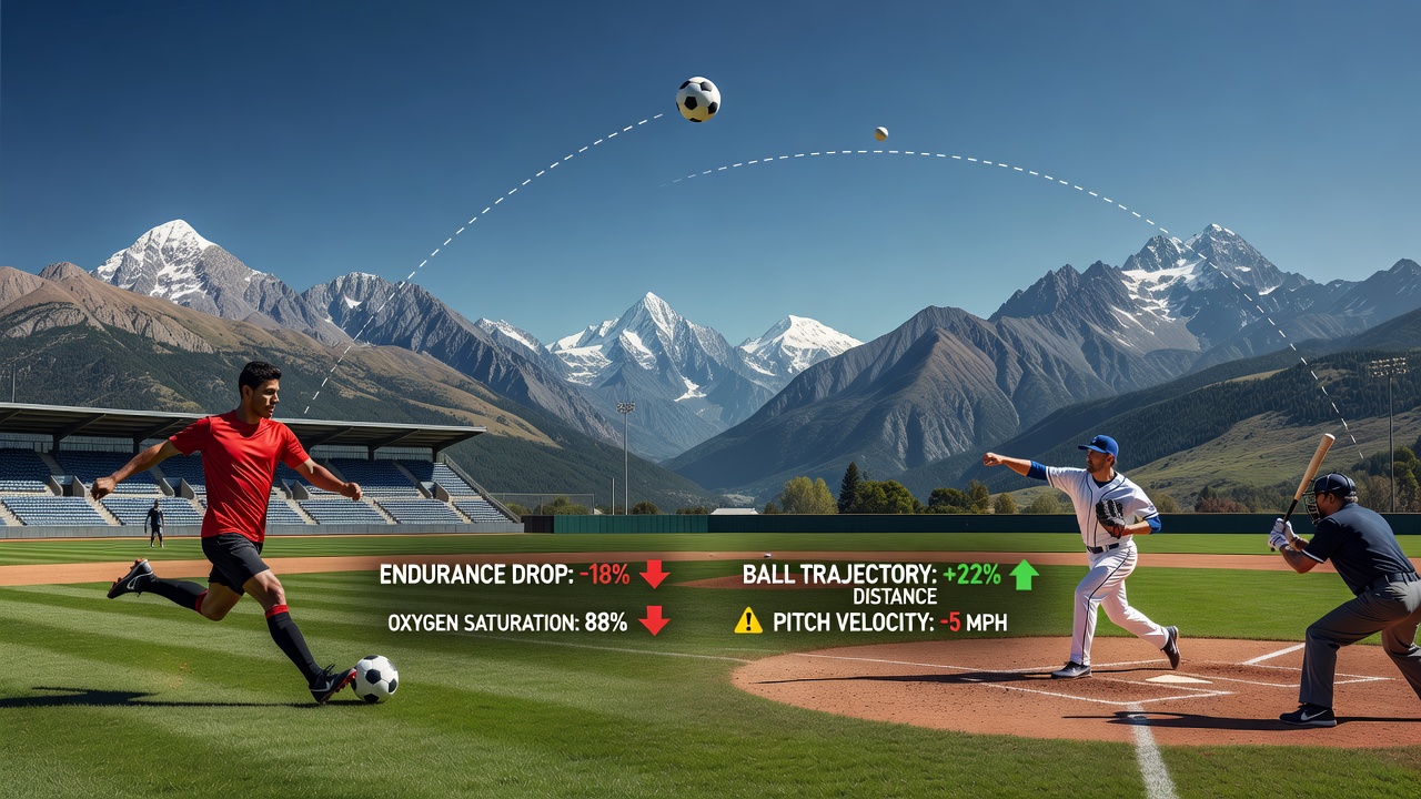 High-elevation soccer pitch with ball trajectory visible during a match at mountain elevation
