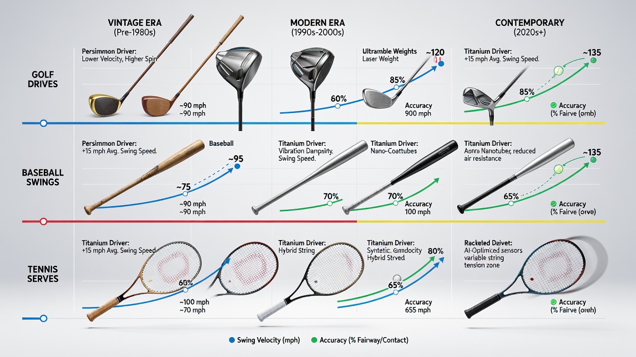 Tennis players executing groundstrokes with modern rackets alongside historical equipment comparisons