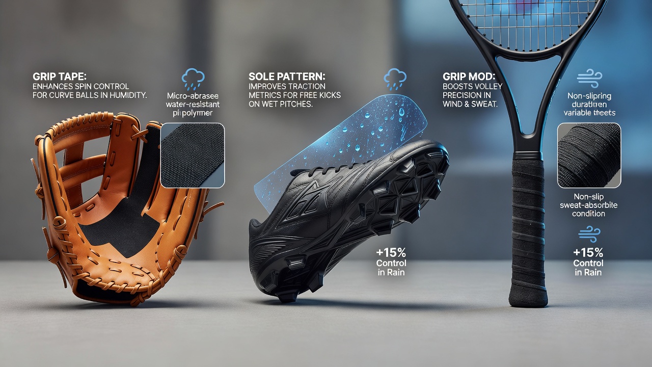 Close-up of specialized grip tape on a baseball bat and patterned sole on soccer cleats during a rainy match