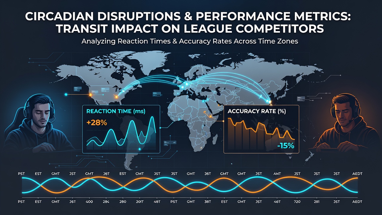 Athletes traveling across time zones with performance charts showing reaction time declines