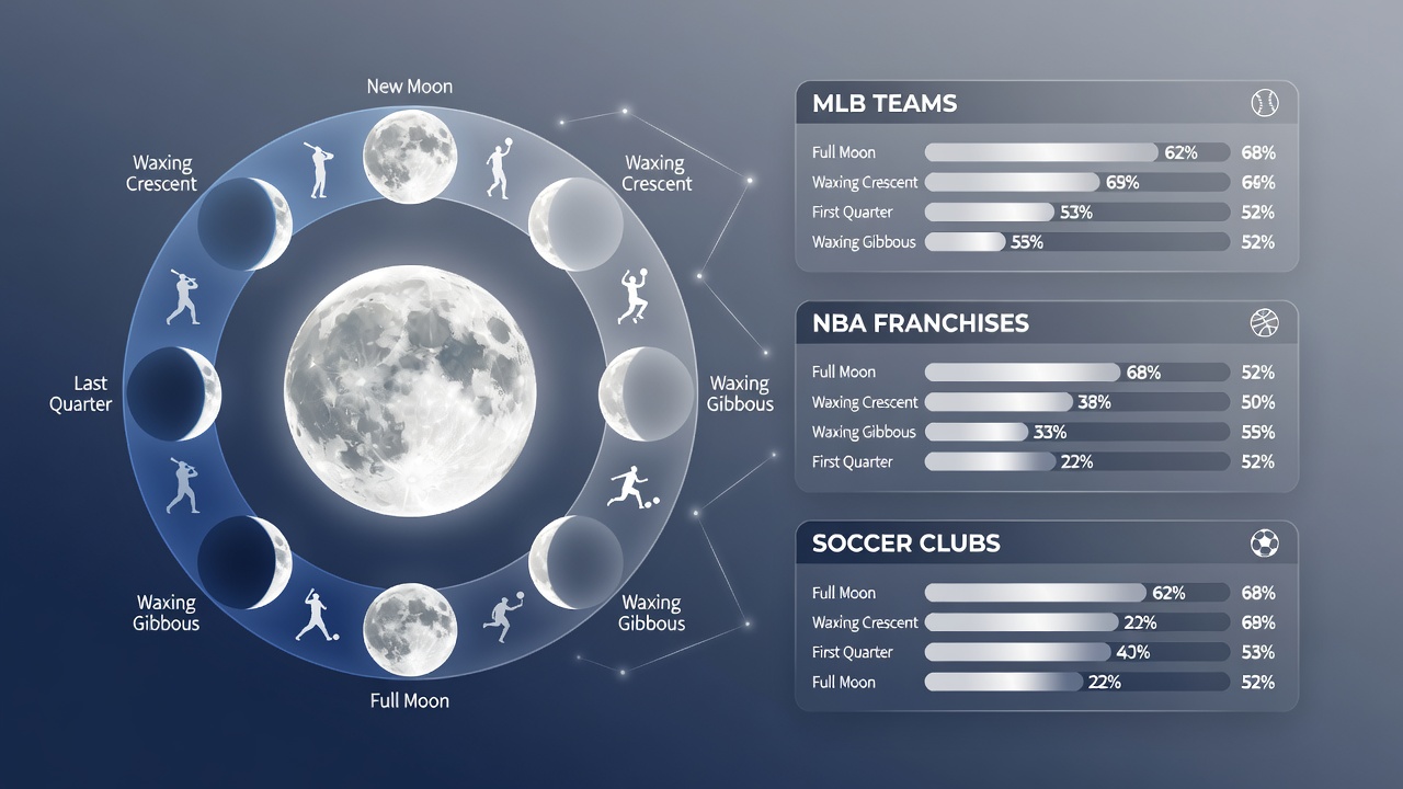 Soccer pitch at night with moon phase data graphics