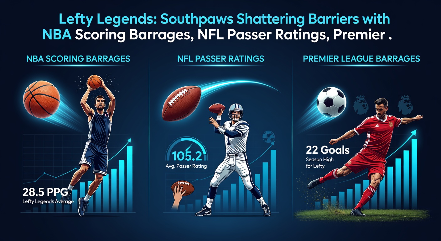 A left-handed NFL quarterback launching a deep pass downfield, evading rushers with poise