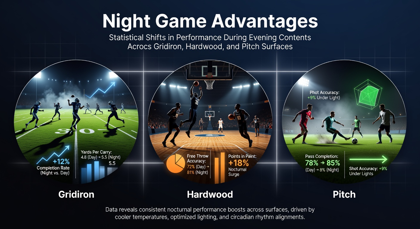 Players competing under stadium lights during an evening gridiron contest with visible performance tracking overlays