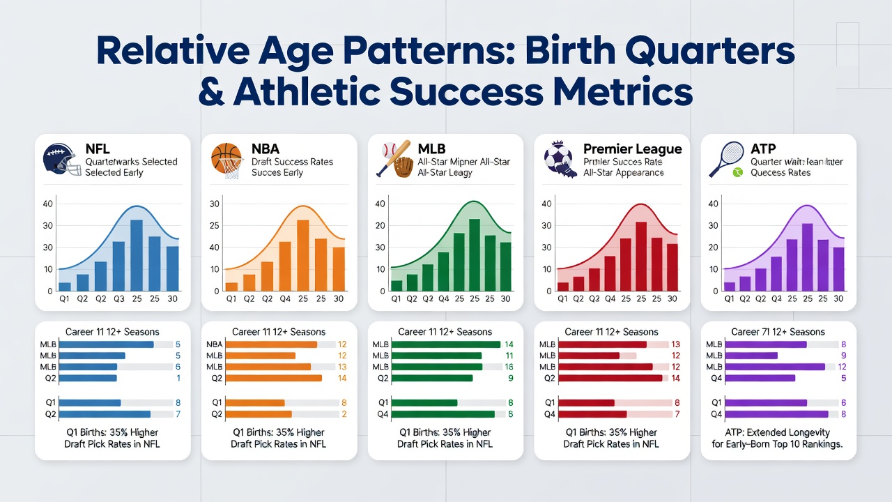 Infographic showing birth quarter distributions across NFL, NBA, MLB, Premier League, and ATP athletes with draft and ranking success rates