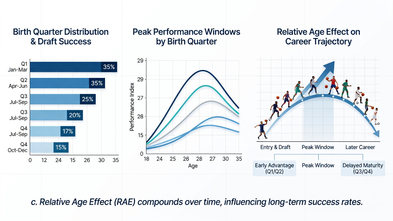 Chart illustrating peak performance windows and average career lengths by birth quarter for athletes in five major sports leagues