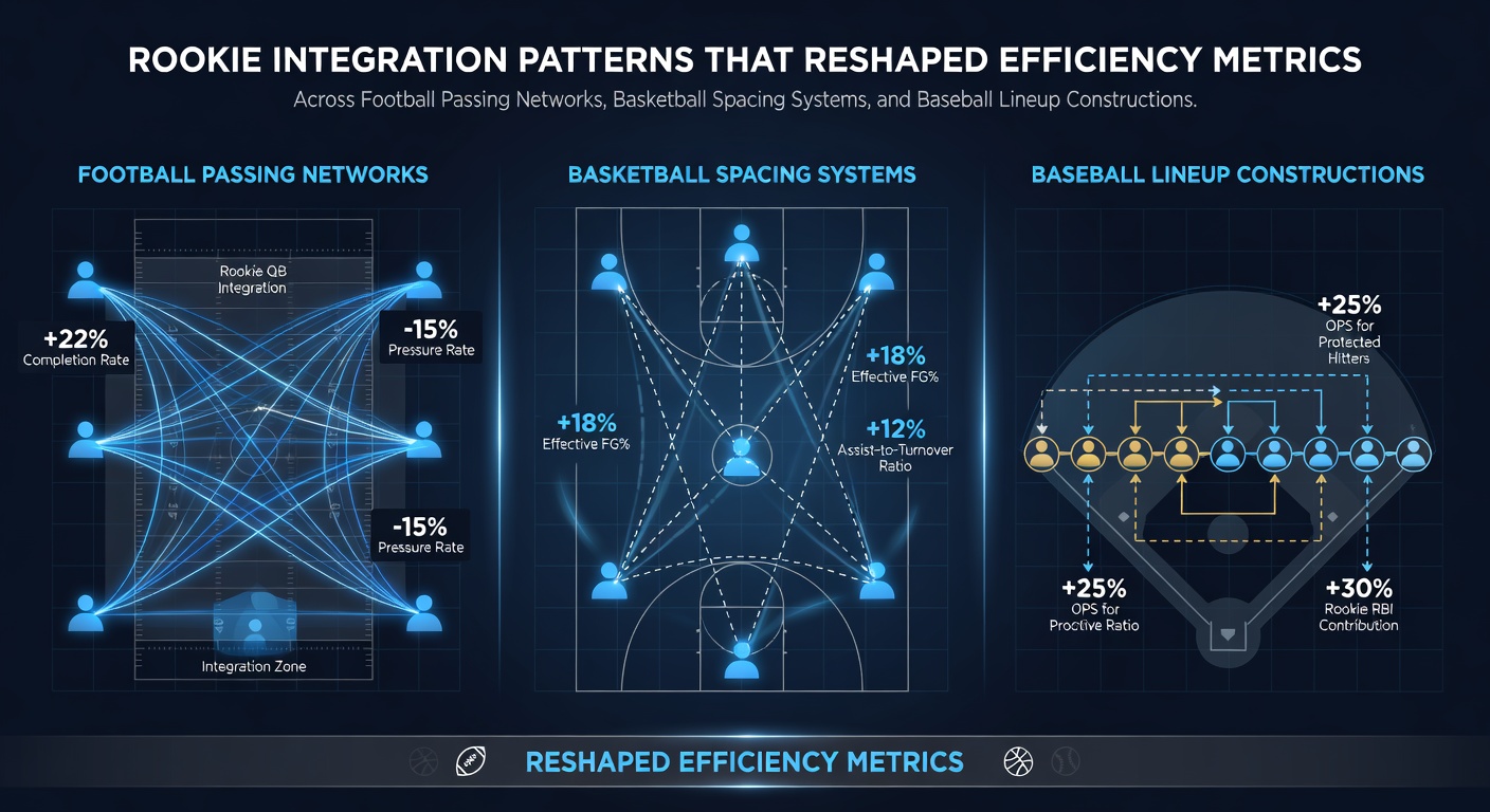 Rookie players integrating into professional football passing networks with data overlays showing efficiency gains