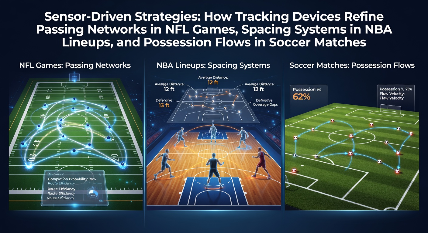 Athletes equipped with sensor devices during an NFL training session, showing real-time data overlays on passing routes
