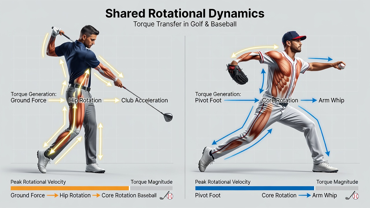 Sensor data visualization showing overlapping torque curves for golf, baseball, and tennis rotational movements
