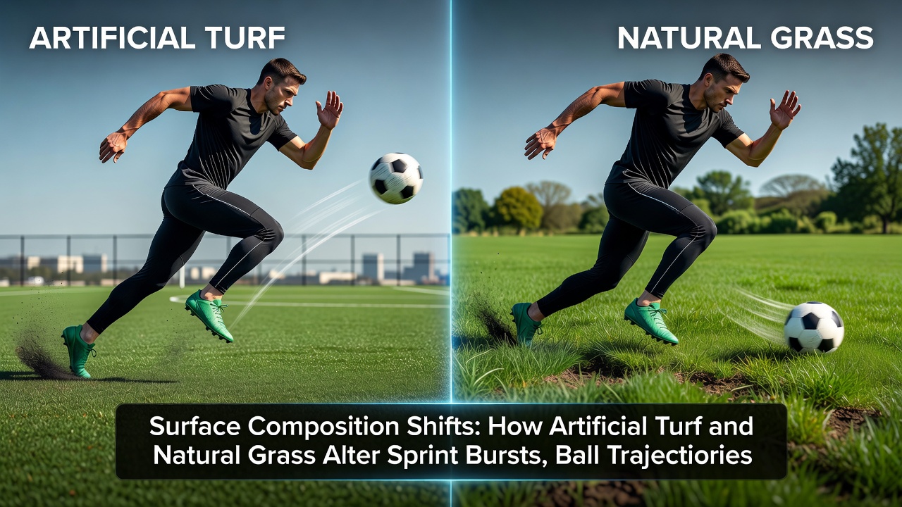Athletes performing sprint drills on contrasting turf and grass surfaces during training sessions