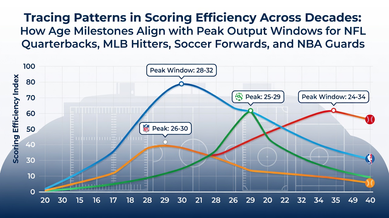 Chart showing age-related scoring efficiency peaks for quarterbacks, hitters, forwards, and guards across multiple sports leagues