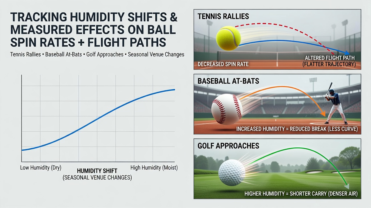 Graph showing humidity levels correlated with ball spin rates in tennis baseball and golf across different venues